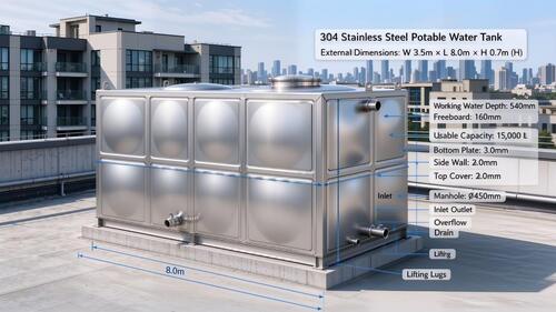 최신 회사 사례 15,000L 304 Stainless Steel Potable Water Tank for Commercial Apartment Rooftop Water Supply