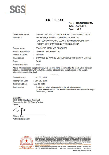 중국 (GuangDong)Foshan Winsco Metal Products Co., Ltd. 인증