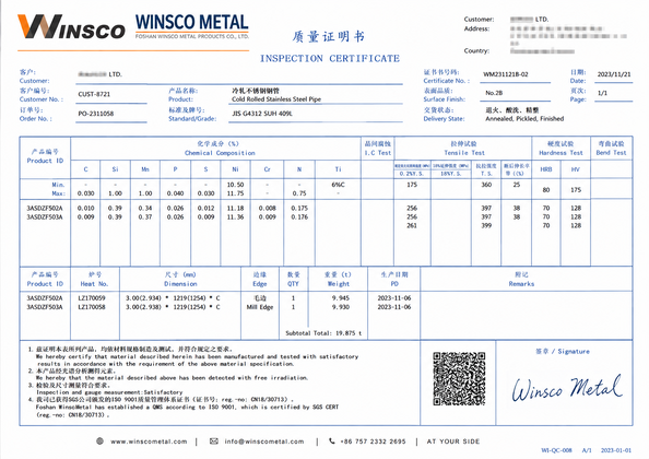 중국 (GuangDong)Foshan Winsco Metal Products Co., Ltd. 인증