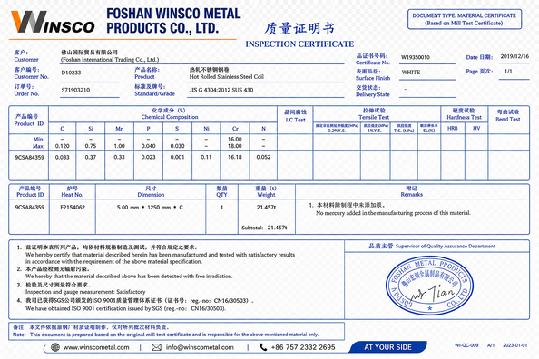 중국 (GuangDong)Foshan Winsco Metal Products Co., Ltd. 인증