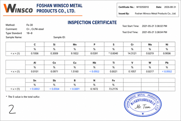 중국 (GuangDong)Foshan Winsco Metal Products Co., Ltd. 인증